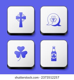 Set Celtic cross, Clover trefoil leaf,  and Beer bottle with clover icon. White square button. Vector