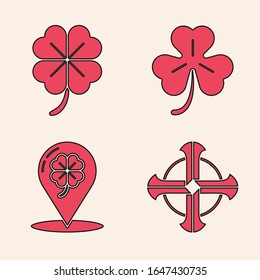 Set Celtic cross, Four leaf clover, Four leaf clover and Location and four leaf clover icon. Vector