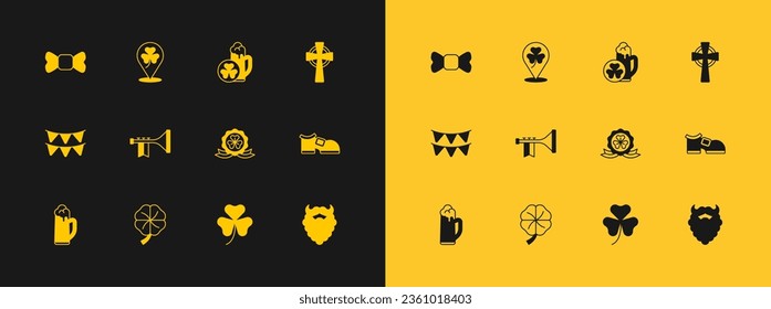 Set Celtic cross, Four leaf clover, Medal with, Clover trefoil, Trumpet, Glass of beer, Bow tie and  icon. Vector