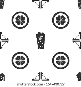 Set Celtic cross, Glass of beer and Gold coin with four leaf clover on seamless pattern. Vector