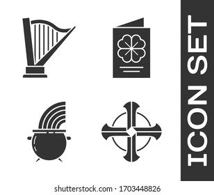 Fije la cruz celta, el arpa, el caldero de brujas y el arco iris y el volante del Día de San Patrón, folleto, icono de postal. Vector