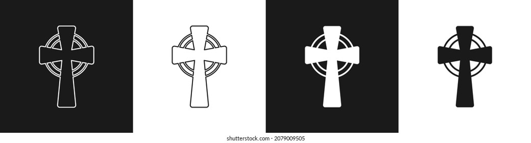 Set Celtic cross icon isolated on black and white background. Happy Saint Patricks day. National Irish holiday.  Vector