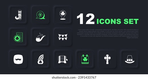 Set Celtic cross, Leprechaun hat, Smoking pipe, Saint Patricks day with calendar, Golden leprechaun coin, Pot of gold rainbow, Clover trefoil leaf and Wooden barrel on rack icon. Vector