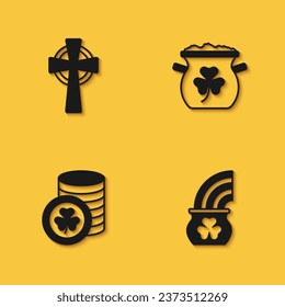Set Celtic cross, Pot of gold with rainbow, Golden leprechaun coin and coins icon with long shadow. Vector