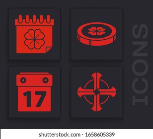 Set Celtic cross, Saint Patricks day with calendar, Gold coin with four leaf clover and Saint Patrick's day with calendar icon. Vector