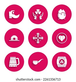 Set Celtic cross, Smoking pipe, Wooden barrel with four leaf clover, Heart and Happy Saint Patrick day, beer mug, Leprechaun hat, Witch cauldron and Tradition leprechaun boots icon. Vector
