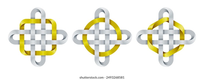 Set of celtic crosses with circle, square and hexagon shapes made of intertwined mobius stripes. Ancient spiritual symbols. Vector illustration isolated on a white background.