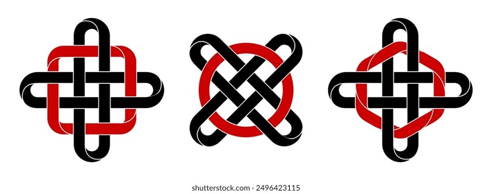 Set of celtic crosses with circle, square and hexagon shapes made of intertwined mobius stripes. Stylized celtic spiritual symbols for tattoo design. Vector illustration isolated on white background.