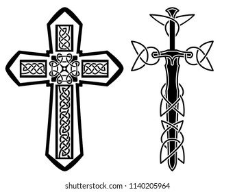 Set of celtic crosses with ornaments isolated on white background. Monochrome icon with cross and ethnic celtic ornaments. Cross with sword celtic style. Stencil. Silhouette
black and white.