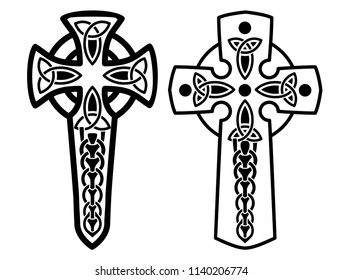 Set of celtic crosses with ornaments isolated on white background. Silhouette black and white. Monochrome icon with cross and ethnic celtic ornaments.