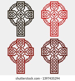 Set of Celtic crosses in pixel style. Ancient ethnic symbol. Amulet. Pixel decorative element for textiles and paper. Vector illustration