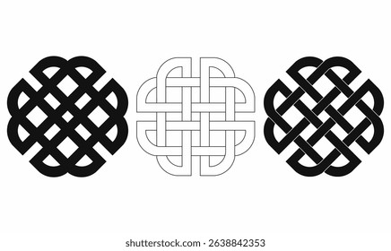 set of Celtic infinity knots in circular heart form, thin,line,outline,silhouette,black filled and outline styles. Traditional interwoven illustration design for tattoos, logos,icon, symbols, ethnic