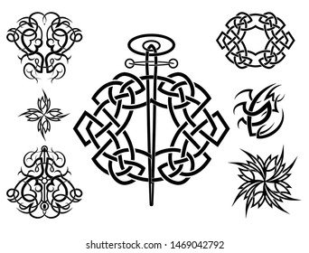 Set of celtic knife and knots isolated on white background. Different flowers and other objects. Template. Stencil. Die cut. Simple Illustration. Perfect for wall art and other wall designs. -Vector.