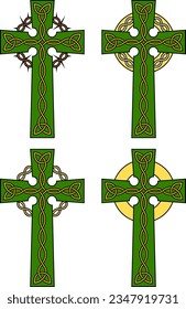 Set of Celtic knot crosses, isolated green  gold color vector collection pack