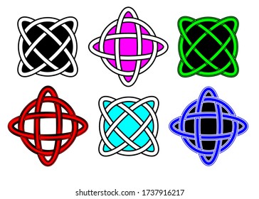 Set Celtic knot, interlocked circles logo, colourful fashion design hand drawn vector tattoo isolated, set sign cross Celtic concept, smart modern geometry symbol collection, white background 