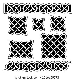 Set of celtic knot patterns and celtic elements on black background. Vector illustration, white, infinite, knitted.