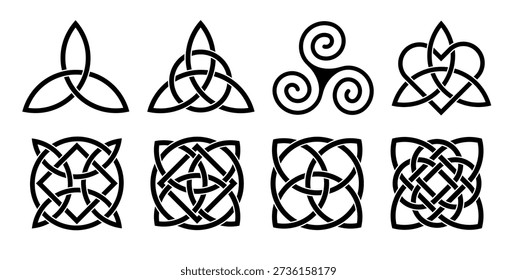 Set of Celtic knots with triquetra, triskelion and heart symbols. Black vector wiccan trinity icons and quaternary pagan ornaments. Traditional Irish mystical signs isolated on white for tattoo.