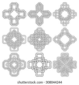 Conjunto de cruces de nudos celtas. Nueve elementos decorativos cruciformes con trenzas para su diseño.