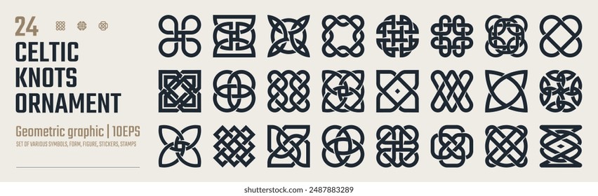 Conjunto de adorno de nudos de contorno celta, Vector de forma de tatuaje vikingo medieval, patrón de tejido infinito, Colección de varias formas, activos de pegatinas, Elementos gráficos geométricos abstractos para el diseño