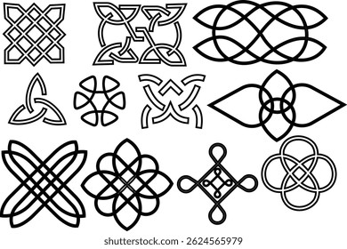 set of celtic outline knots ornament, Medieval tattoo shape vector, infinite weaving pattern, various, stickers assets, abstract geometric graphic elements design isolated and transparent background