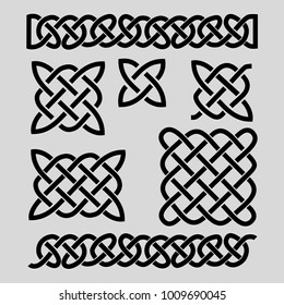 Set of celtic patterns and celtic knotwork elements. Vector illustration. Black, ancient, infinite.