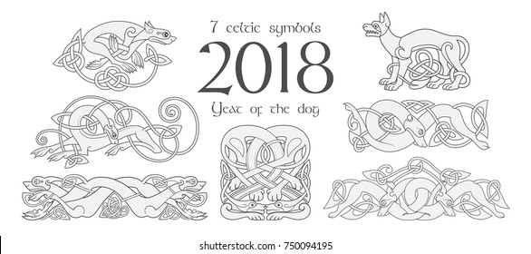 Set of celtic symbols of dogs. Design elements in tribal style. Vector illustration