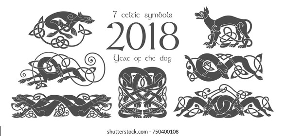 Set of celtic symbols of dogs. Design elements in tribal style. Vector illustration