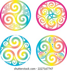 Set of Celtic Symbols Celtic Knot and Triskelion Circles Trinity Sacred Geometry Energy - Rainbow Colors