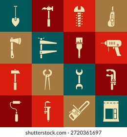 Conjunto Bolsa de cemento, herramienta de abrazadera, máquina de taladro eléctrico, tornillo metálico, hacha de madera, pala y cepillo de pintura icono. Vector