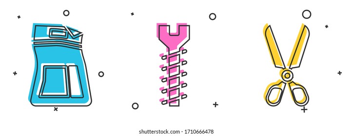 Set Zement-Tasche, Metallschraube und Schere Symbol. Vektorillustration