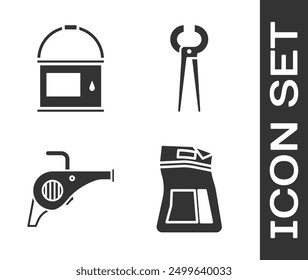 Set Cement bag, Paint bucket, Leaf garden blower and Pincers and pliers icon. Vector