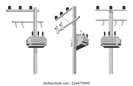 Set Cement High Voltage Electric Pole Power With Transformer And Drop Fuse On White Background Flat Vector Design.