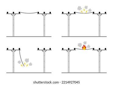 Set Cement High Voltage Power Electric Pole Transmit Electricity To House With Wire Broken Damaged And Short Circuit With Fire Spark Smoke On White Background Flat Vector Icon Design.