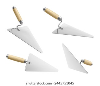 Conjunto de paletas de cemento aisladas sobre fondo blanco. Icono de Vector de pala de albañil isométrico realista para el Diseño web. Espátula con mango de madera. Herramienta de construcción. Ilustración vectorial. 3P.