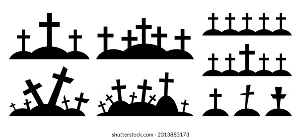 Set of cemetery black silhouettes. Graves with crosses for Halloween design. Cemetery icons. Vector illustration isolated on white background.