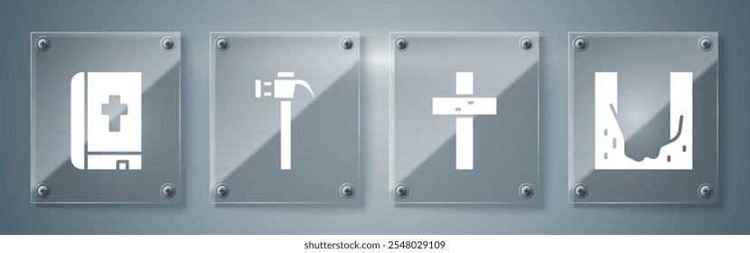 Set Cemetery digged grave hole, Christian cross, Hammer and Holy bible book. Square glass panels. Vector