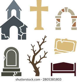Set of cemetery and religious including cracked church cross arch tombstone tree and plaque