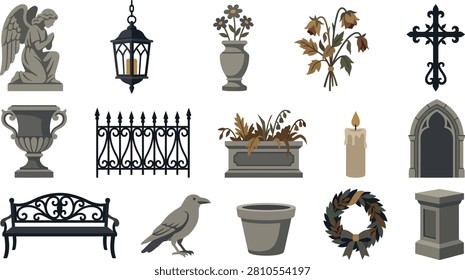 Set of cemetery themed vector graphic illustrations featuring mourning symbols like angel statues lanterns crosses benches and memorial flower vases