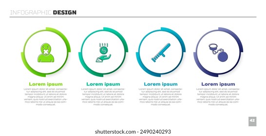 Establecer censura y libertad de expresión, monedas en mano - salario mínimo, porra de goma de la policía y cadena de pelota. Plantilla de infografía de negocios. Vector