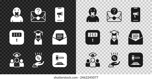 Set Censor and freedom of speech, Envelope with question mark, Protest, Spy, agent, Coins hand - minimal wage, Judge gavel, Prison cell door and Graduate graduation cap icon. Vector