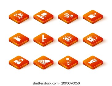 Set Censor and freedom of speech, Lying burning tires, Protest camp, Police rubber baton, Hooligan shooting stones, Gas mask, Raised hand with clenched fist and First aid kit icon. Vector