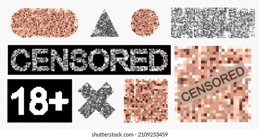 Conjunto de símbolos de efecto de desenfoque censurado. Elementos de píxeles de censura de varios tipos. Piel desnuda pixelada. Censurar el diseño de mosaicos. Contenido para adultos. 18 más signo. Ilustración del vector abstracto