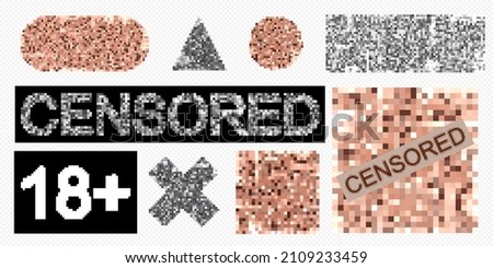 Set of censored blur effect symbol. Censorship pixel elements of various types. Nude skin pixelized. Censor mosaic design. Adult content. 18 plus sign. Abstract vector illustration