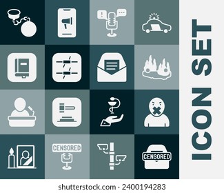 Set Censored stamp, and freedom of speech, Burning car, Freedom, Barbed wire, Law book, Ball on chain and Mail e-mail icon. Vector