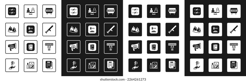 Set Censored stamp, Judge gavel, Burning car, Barbed wire, Police rubber baton, Gender equality,  and Peace icon. Vector