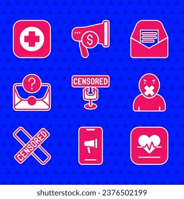 Set Censored stamp, Protest, Heart rate, and freedom of speech, Envelope with question mark, Mail e-mail and Hospital signboard icon. Vector