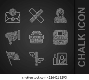 Set Censored stamp, Security camera, Mourning photo frame, Vote box, Peace, and freedom of speech and Envelope with question mark icon. Vector