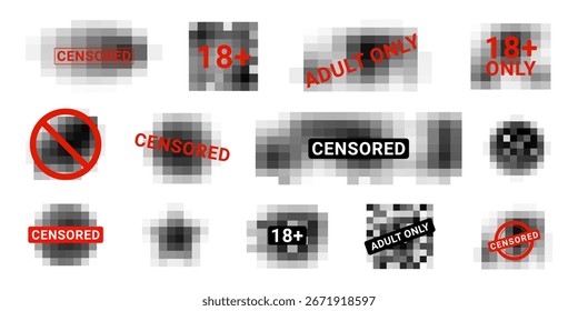 Conjunto de barras de censura y diseño de Vector de desenfoque de píxeles, sellos de protección de privacidad para contenido sensible