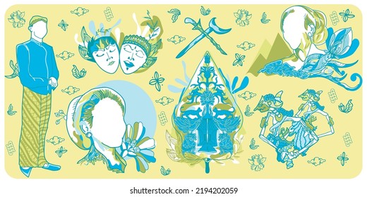 Set of center java culture images hand drawn in doodle style, contain of ladies dressing style, male costume, traditional mask, traditional dagger, and batik motif.