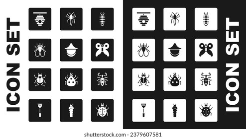 Set Centipede, Beekeeper hat, Insect fly, Hive for bees, Butterfly, Spider, Beetle deer and bug icon. Vector